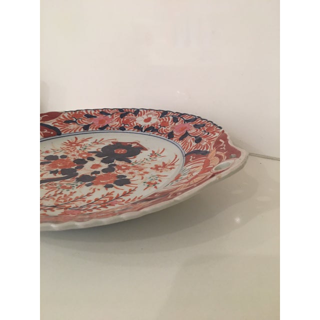Ceramic Antique 19 Th Century Japanese Imari Decorative Serving Platter With Rounded Handles For Sale - Image 7 of 10