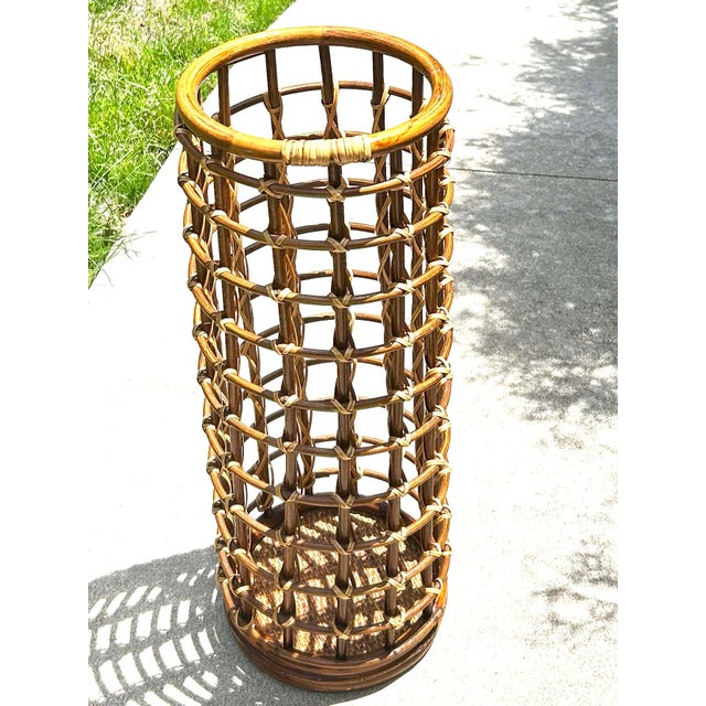 Camel Vintage, Cylindrical, Woven, Bamboo, Rattan and Wicker, Umbrella Stand, in the Style of Audoux and Minet, 1950’s For Sale - Image 8 of 8