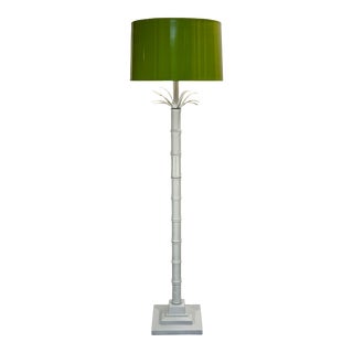 Vintage Hollywood Regency Serge Roche Style Newly Painted White Faux Bamboo Palm Tree Floor Lamp With Green Shade For Sale