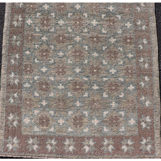 Turkish Oushak Runner With Repeating Floral Motif in Taupe and Seafoam Green For Sale In Atlanta - Image 6 of 10
