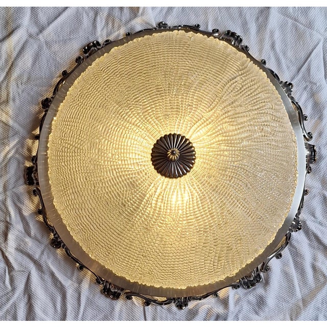 Large Vintage Ceiling Lamp with Silver-Plated Metal Frame and Clear Relief Glass Shade from Kaiser-Leuchten, 1970s For Sale - Image 9 of 9