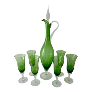 1960’s Blown Glass Genie Style Decanter and Glasses-Attributed to Empoli-Set of 7