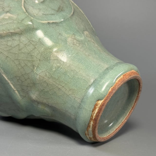 Antique Chinese Celadon Relief‑Carved Flared Rim Vase, Collectible Antique For Sale - Image 6 of 7