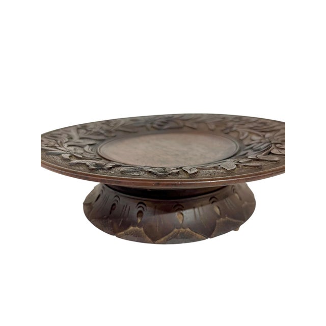 Brown Antique Black Forest Carved Wood Tray Pedestal With Music Box For Sale - Image 8 of 11