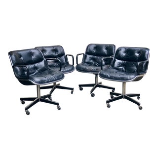 1970s Vintage Charles Pollock for Knoll International Black Leather Executive Chair- Set of 4 For Sale
