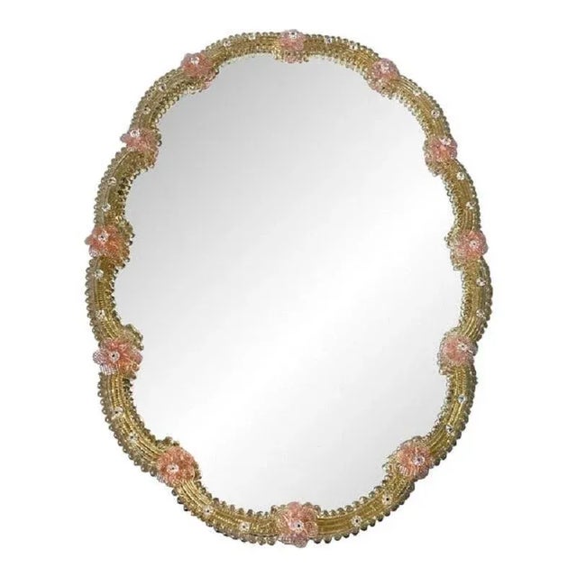 Gold Venetian Oval Gold and Pink Floreal Hand-Carving Mirror by Simong For Sale - Image 8 of 8