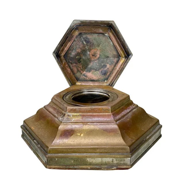 Brass Antique Traditional Brass Hexagonal Fountain Pen Desk Inkwell For Sale - Image 8 of 8
