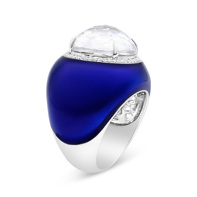Contemporary 18K White Gold 14mm White Quartz and 1/5 Cttw Diamond Halo with Blue Enamel Dome Ring (F-G Color, VS1-VS2 Clarity) - Ring - Size 7 For Sale - Image 3 of 5