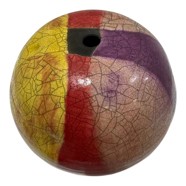 Peter Aslan Raku Pottery Orb Vase Multicolor Crackle Glaze Studio Ceramic For Sale