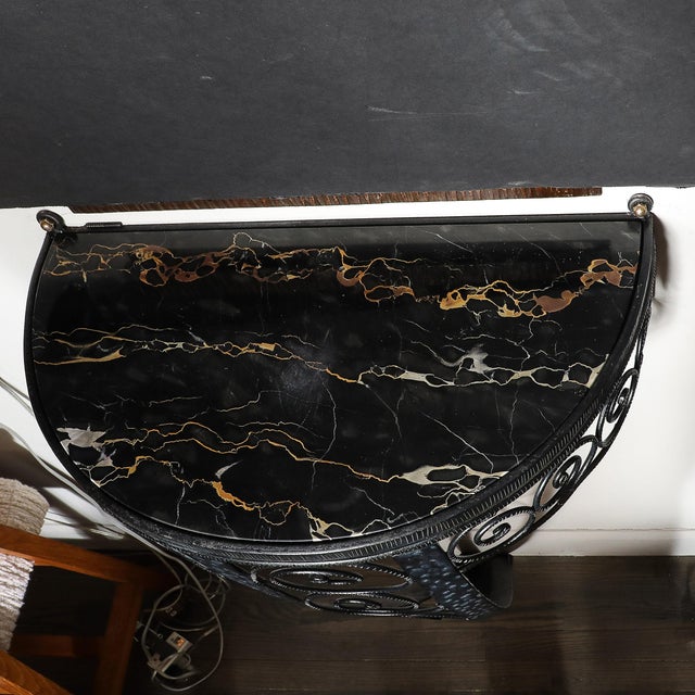 Black Art Deco Demilune Wrought Iron Spiral Motif & Porto Marble Inset Console Table For Sale - Image 8 of 13