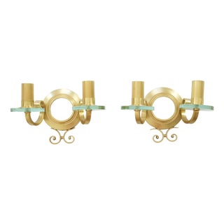 French Gilt-Bronze and Glass Sconces with Central Mirrors, 1940, Set of 2 For Sale