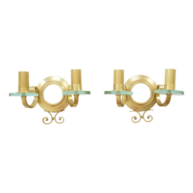French Gilt-Bronze and Glass Sconces with Central Mirrors, 1940, Set of 2 For Sale