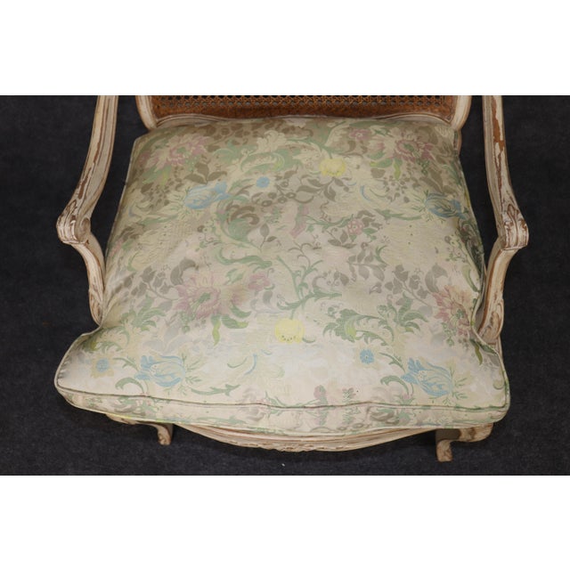 Cream Pair Louis XV Style French Cream Distressed Painted Cane Back Armchairs For Sale - Image 8 of 16