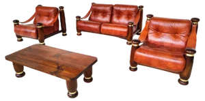 Mid-Century Modern Leather and Wood Sofa, Armchairs and Table, Italy, 1970s, Set of 4