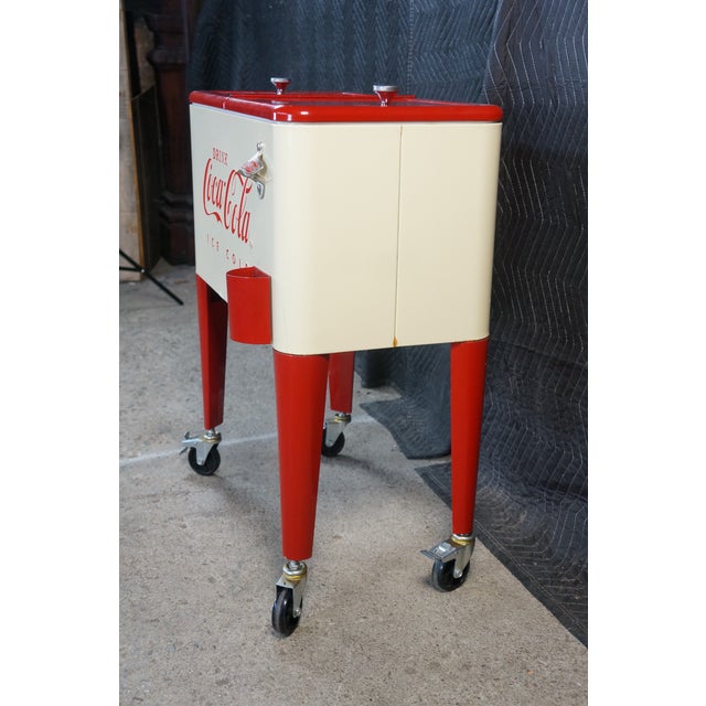 Vintage Style 60 Qt Coca-Cola Rolling Patio Cooler Cream & Red Ice Chest Cart For Sale - Image 14 of 18