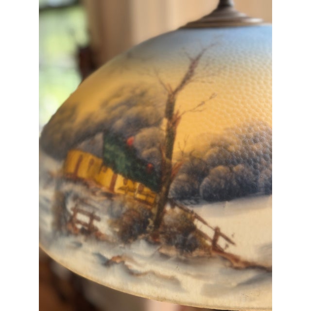 Blue Early 20th Century Pittsburgh Reverse-Painted Winter Landscape Table Lamp – 17" Shade For Sale - Image 8 of 17