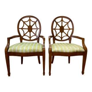 Contemporary Walnut Framed Upholstered Arm Chairs With Inlay - a Pair For Sale