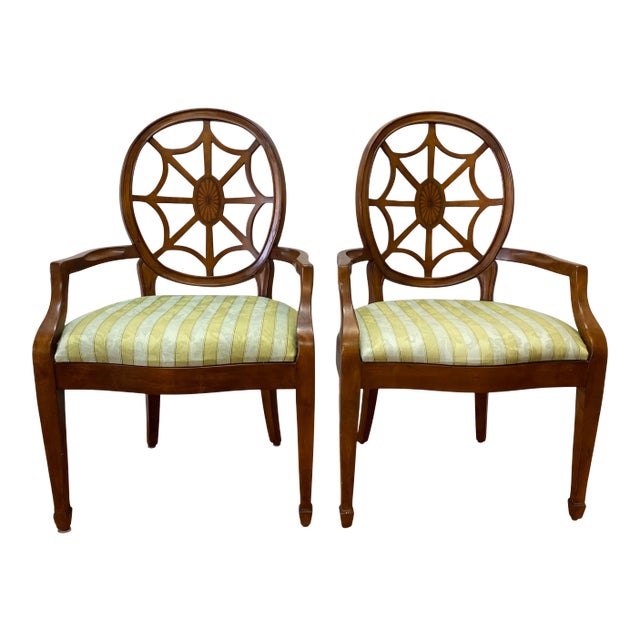 Contemporary Walnut Framed Upholstered Arm Chairs With Inlay - a Pair For Sale