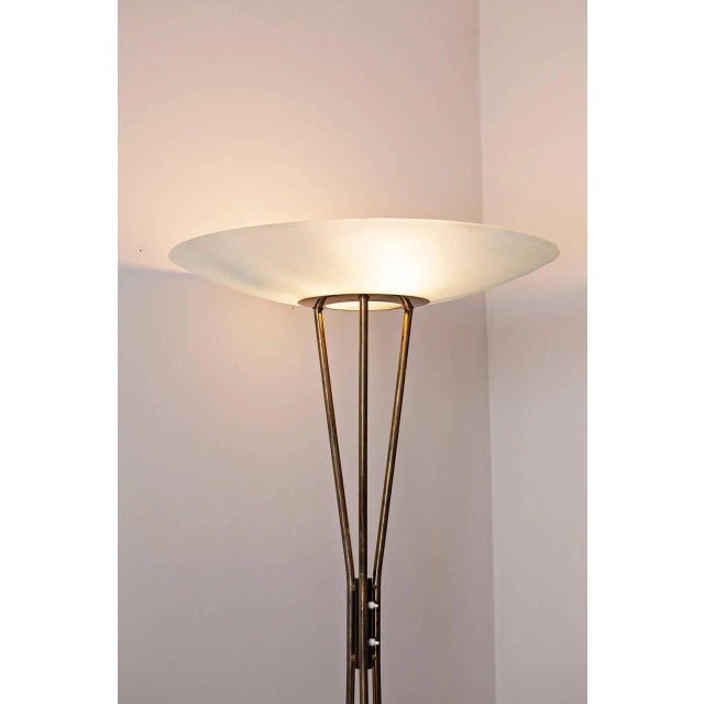 Very rare Gaetano Scolari, floor lamp, prod. Stilnovo model 4075 Marble base, polished brass, etched glass disc. Measures:...