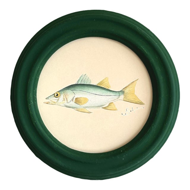Original Hand-Painted Green Fish Painting, Framed For Sale