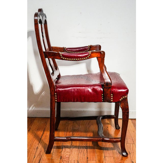 Beautiful English Antique Carved Wood Walnut Desk Arm Chair Leather Seat For Sale - Image 15 of 18