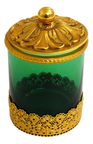 Small Toilet Pot in Green Glass & Gold Metal, Flower & Openwork Lace Decor, 1950s