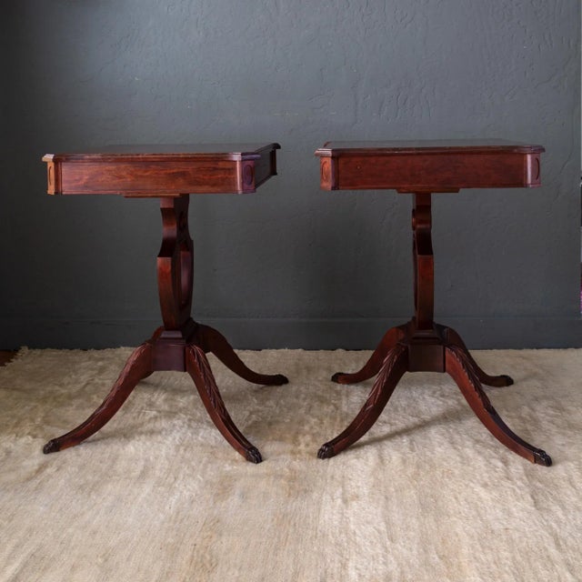 Oxblood Red Set of Mersman Harp and Lyre Mahogany SideTables With Brass Feet and Drawers For Sale - Image 8 of 17