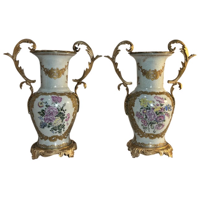 Vintage Ormolu Rococo Ceramic Urns With Floral Motif- A Pair For Sale - Image 12 of 15