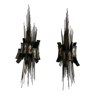 Pair of 1970s Brutalist Iron and Brass Wall Sconces For Sale