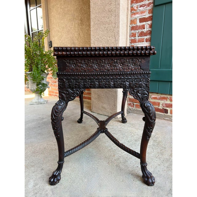 1900 - 1909 Antique Foyer Hall Table British Colonial Carved Wood Leather Flip Top Burmese For Sale - Image 5 of 12