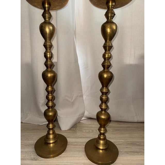 Monumental 49.5" Vintage Moroccan Brass Floor Candlesticks - A Pair For Sale - Image 10 of 10