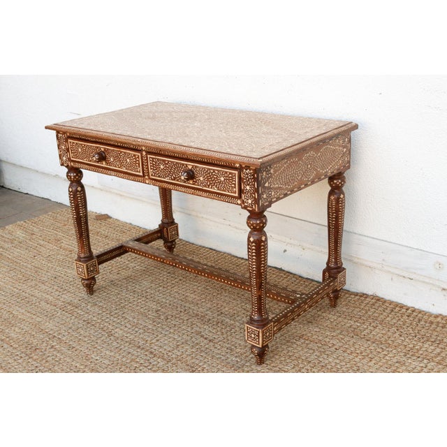 English British Colonial Scalloped Inlay Design Writing Desk For Sale - Image 3 of 13