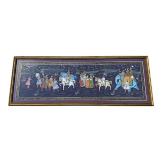 Vintage Monumental Indian Painted Textile Procession in Gilt Frame For Sale