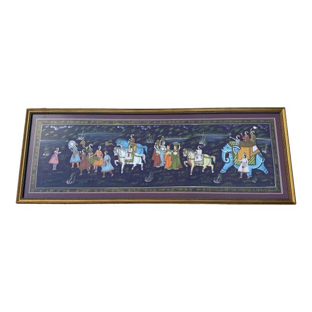Vintage Monumental Indian Painted Textile Procession in Gilt Frame For Sale