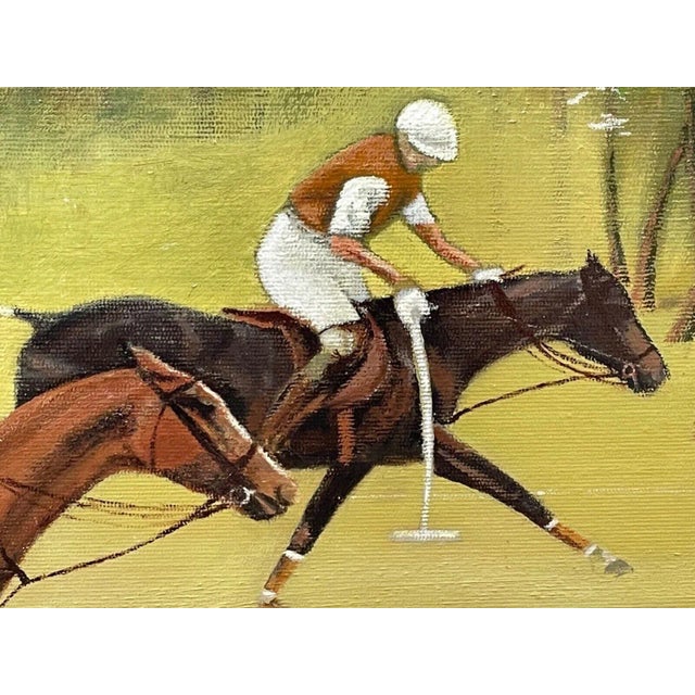 Wood Mid Century British Equine Oil Painting Horse & Riders Polo Match Sport of Kings For Sale - Image 7 of 12