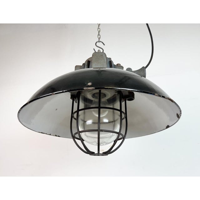 Industrial Black Enamel and Cast Iron Cage Pendant Light from Elektrosvit, 1960s For Sale - Image 6 of 18
