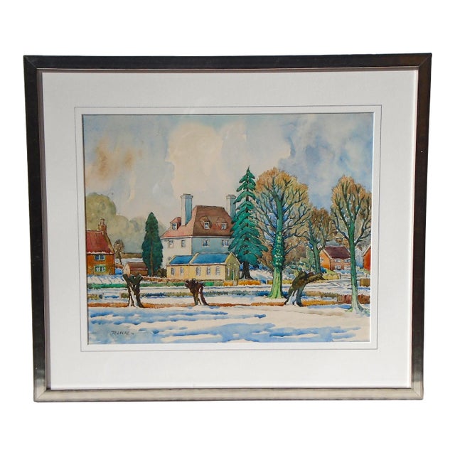 "February Snow, Eggington - 1970", Vintage Original Watercolor Painting For Sale