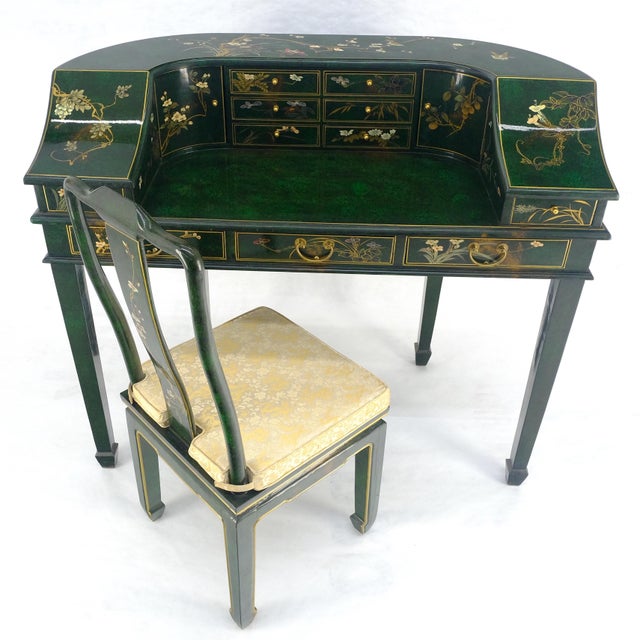 Emerald Green Lacquer Chinoiserie Desk Writing Table Console & Chair MINT Chair measures 17x17x31x17” seat height.