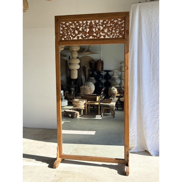 Large Freestanding Teak Mirror with Carved Openwork Pediment, Indonesia, 1980s For Sale - Image 18 of 18