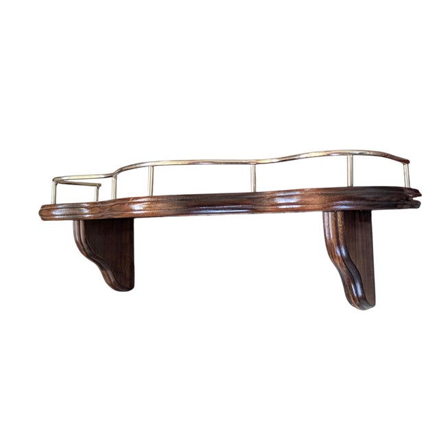 Vintage Wooden Wall Shelf With Brass Railing For Sale - Image 11 of 14