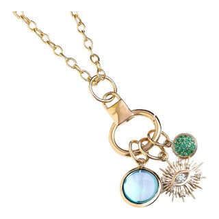 Syna Yellow Gold Three Charms Evil Eye Necklace with Gemstones and Diamonds For Sale
