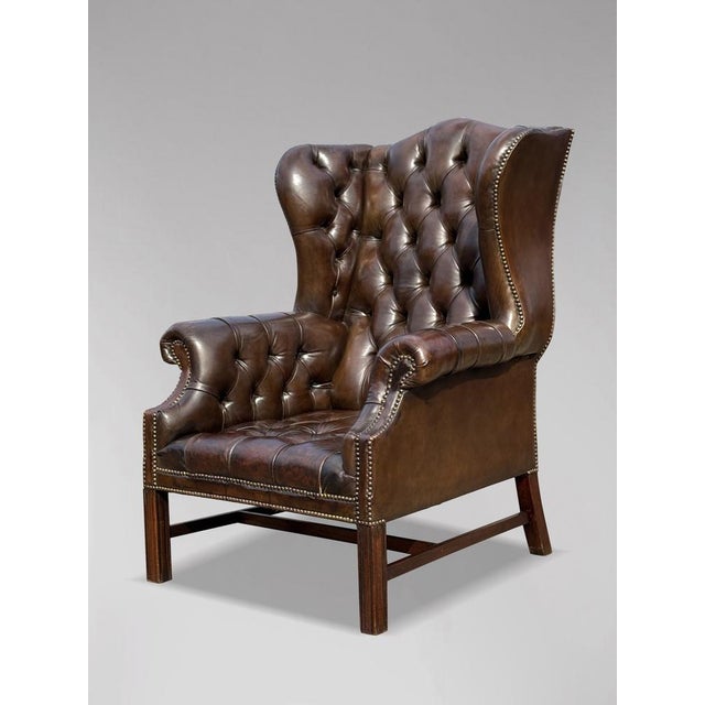Brown Leather Full Button Wing Back Armchair, 1910 For Sale - Image 3 of 9