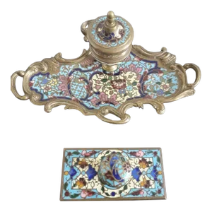 19th Century French Champleve Enameled Desk Set