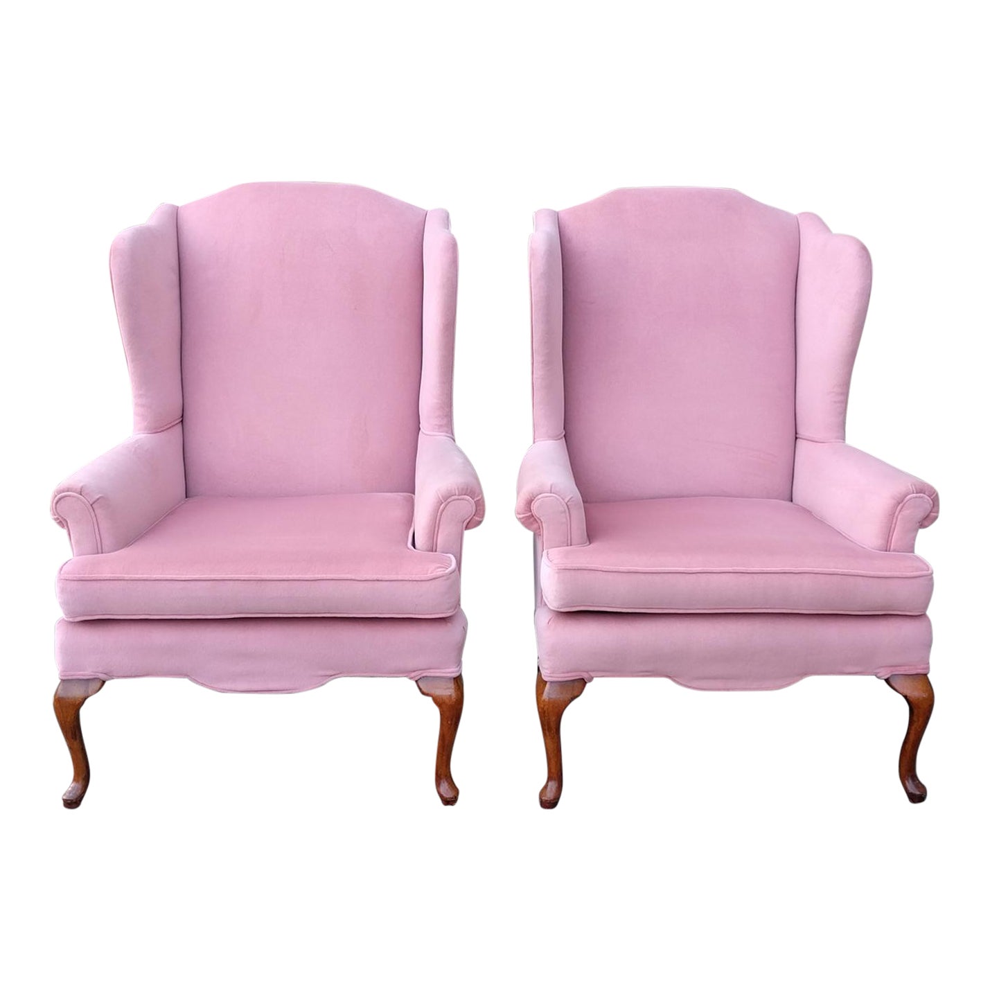 Vintage Queen Anne Pink Velvet Wingback Chairs by Sam Moore Furniture
