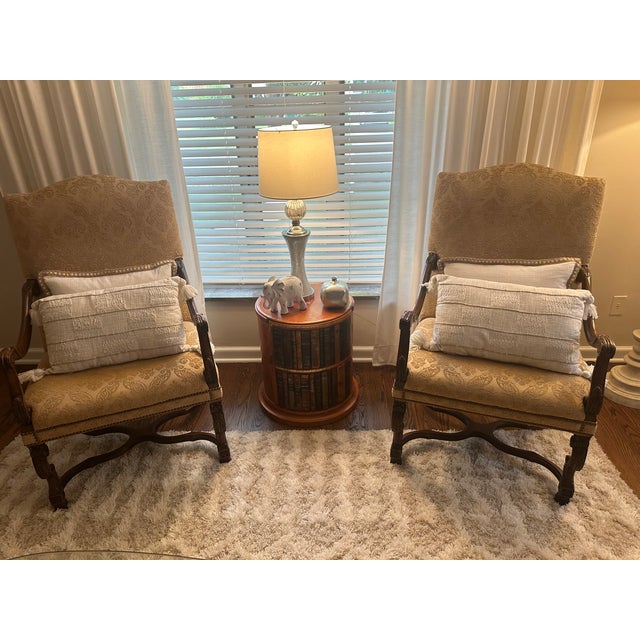 Pair of Sherrill Carved Wood Damask Armchairs With Nailhead Trim Pair of Sherrill Carved Wood Damask Armchairs With Nailhead Trim For Sale - Image 16 of 17