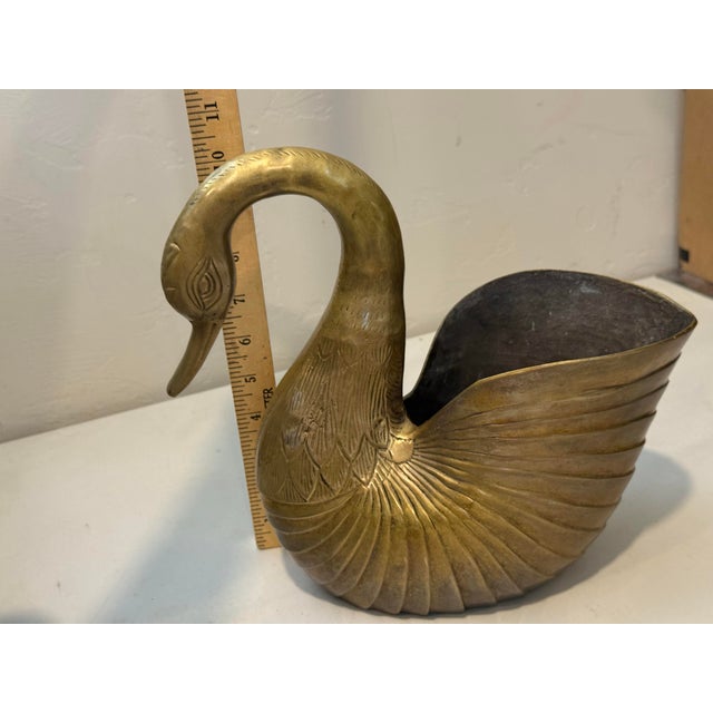 Metal Vintage Solid Brass Large Gold Swan Plant Pot Natural Patina Feathered For Sale - Image 7 of 11