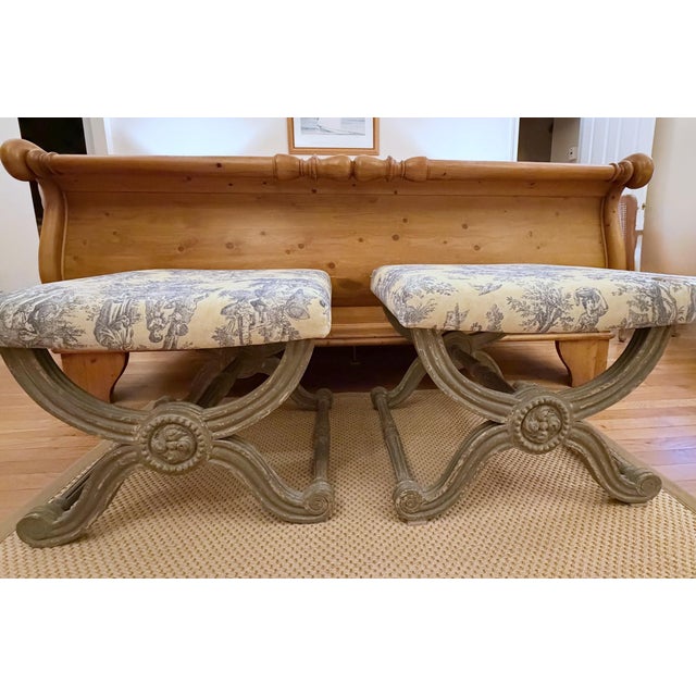 A Pair of Painted Campaign Style X-Base Ottomans Footstools in Butter Yellow and Blue Toile For Sale - Image 15 of 17