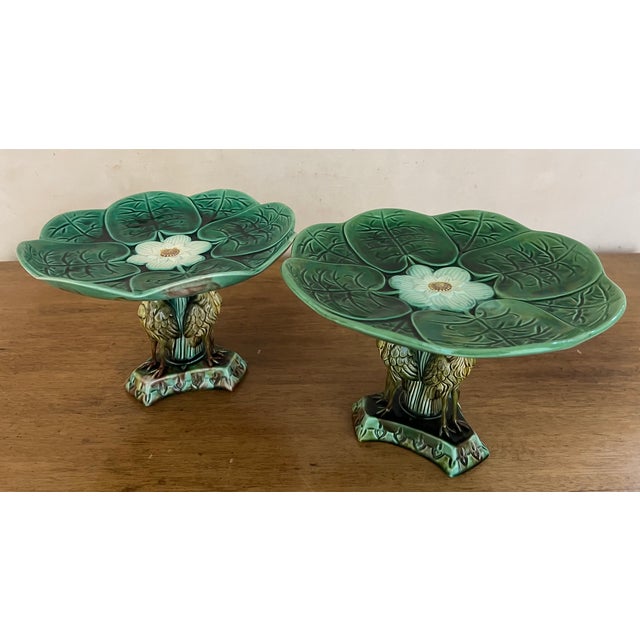 Antique English Majolica Pond Lily Compote With Stork , C. 1880's For Sale - Image 14 of 16