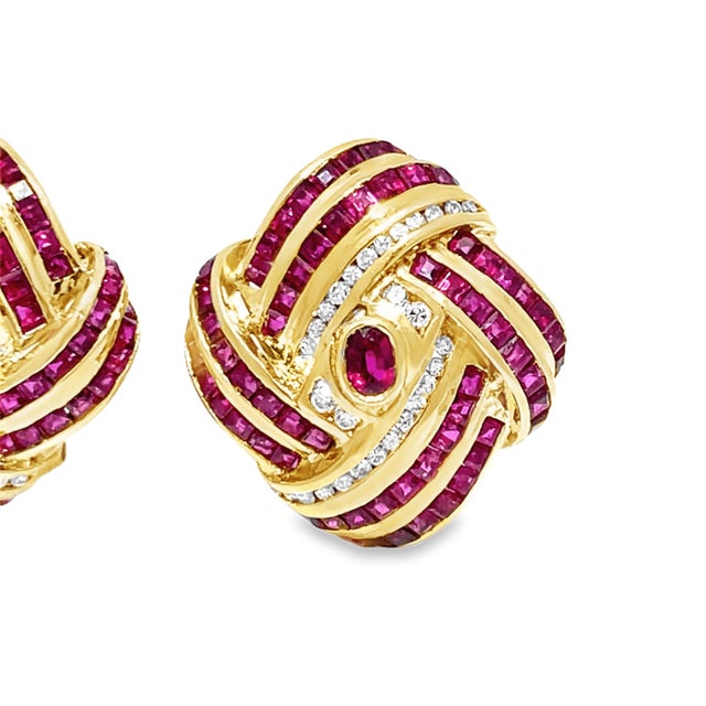18k Yellow Gold 4cts Rubies & 0.60cts Diamonds Studded Ribbon Wave Earrings, A Pair For Sale - Image 4 of 11