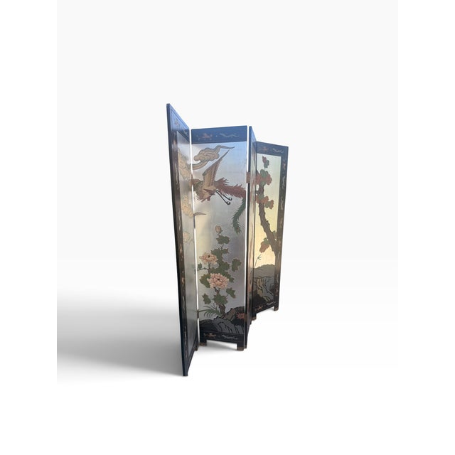 Vintage Chinoiserie Four-Panel Phoenix Folding Screen With Silver-Tone Ground For Sale In West Palm - Image 6 of 15